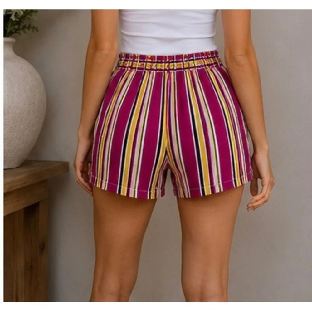 Womens Striped High Waisted Tie Front Shorts Magenta Yellow Black White Size-S